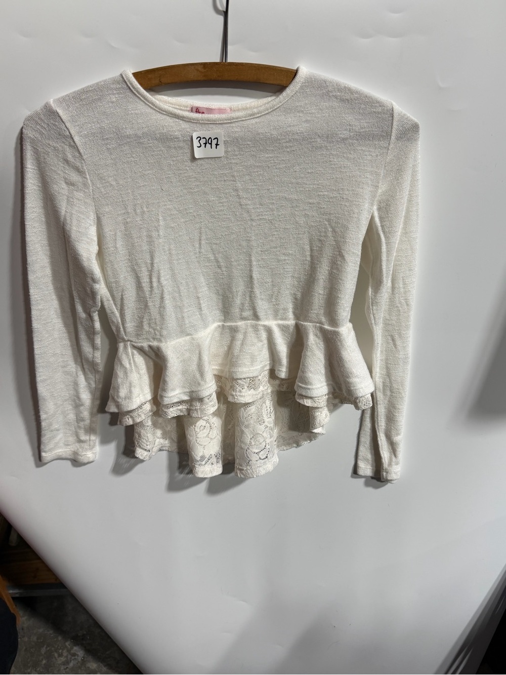 #3797-Fire Los Angeles Cream Layered Ruffle Lace Hem Long-Sleeve Top